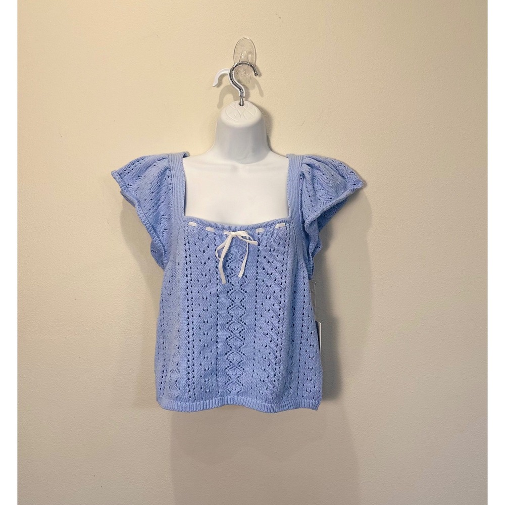 NWT Haute Hippie Blue Babydoll Knit Crochet Crop Top‎ Women XL %100 Cotton
